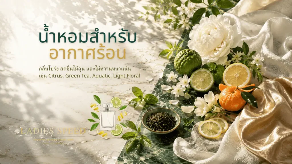 วิธีเลือก น้ำหอมสำหรับอากาศร้อน ด้วยกลิ่น Citrus ชาเขียวและดอกไม้ขาว by LADIES SPEED